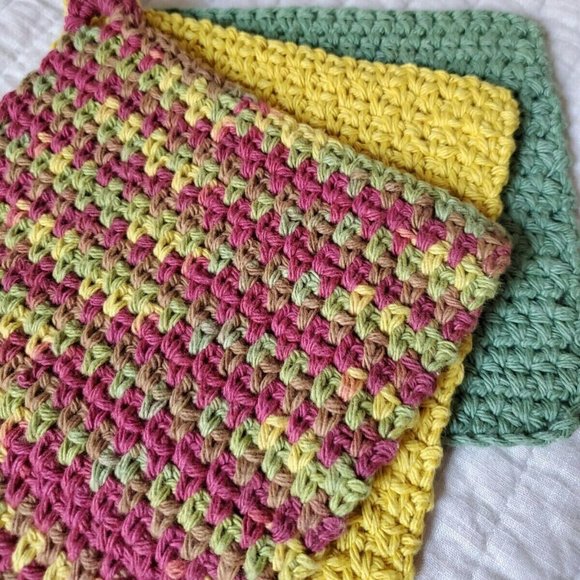 3 CROCHET DISHCLOTH WASHCLOTH 100% COTTON HANDMADE NEW Sage Green Yellow… - Picture 6 of 10